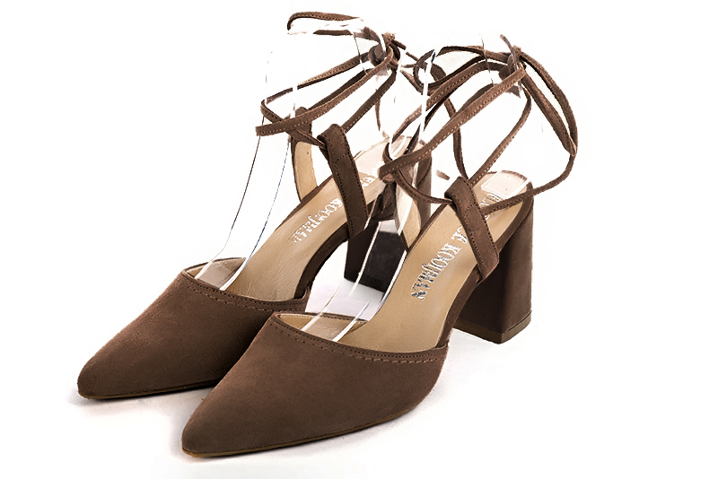 Chocolate brown women's open back shoes, with crossed straps. Tapered toe. High flare heels - Florence KOOIJMAN
